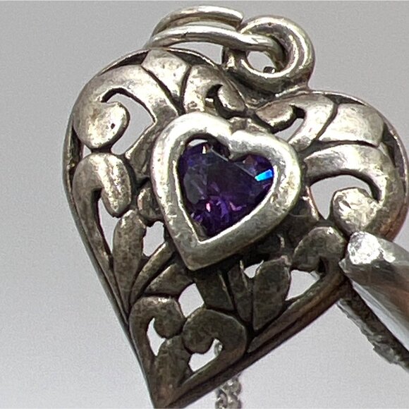 Vintage Sterling Silver Heart Pendant Necklace Purple Stone & Intricate Design - Picture 9 of 11
